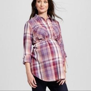 Liz Lange Maternity Plaid Top Rolled Sleeve XL